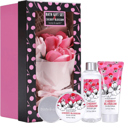 Bath and Body Gift Set for Women - Cherry Blossom Scent with Double-Layer Spa Gift Box, 5 Piece Home Spa Set Includes Shower Gel, Body Scrub, Body Lotion, Hand Soap, Rose Flower, Bath Set Gift for Her Valentines Pink