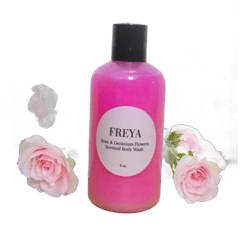 FREYA Body Wash. Rose & geranium floral fragrance inspired by the Norse love goddess. Women&#39;s scented liquid soap for bath or shower.