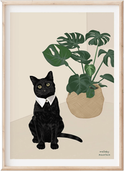 Black Cat Print, Black Cat Art, Cat Lover Gift, Cat Wall Decor, Cat Gifts, Cat Wall Art, Gifts for Her, Plant Print, Monstera, Mothers Day,