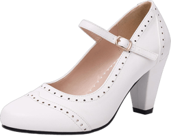 Elerhythm Women's Two Tone Mary Jane Classic and Retro 1920s Pump Heels Gatsby Oxford Pattern 1950s Vintage Round Closed Toe Ankle Strap Dress Shoes 9 White