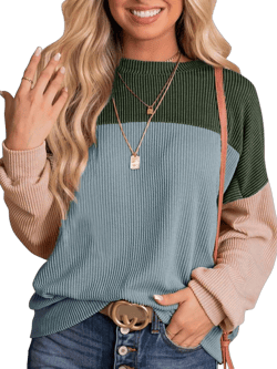 NEYOUQE Womens Long Sleeve Color Block Ribbed Knitted Crewneck Pullover T Shirts Loose Fitted Soft Stretchy Tops Dressy Casual Baggy Trendy tee Shirt Fall Spring Thin Tshirts Green Blue L