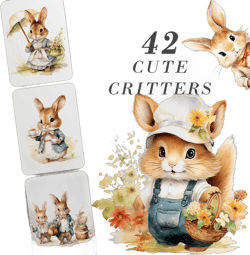 Cute Critters Clipart, Cute Bunnys PNG bundle, Baby Shower Art, Baby Animals, Animals in clothes SVG, Nursery clip Art, Watercolor drawings
