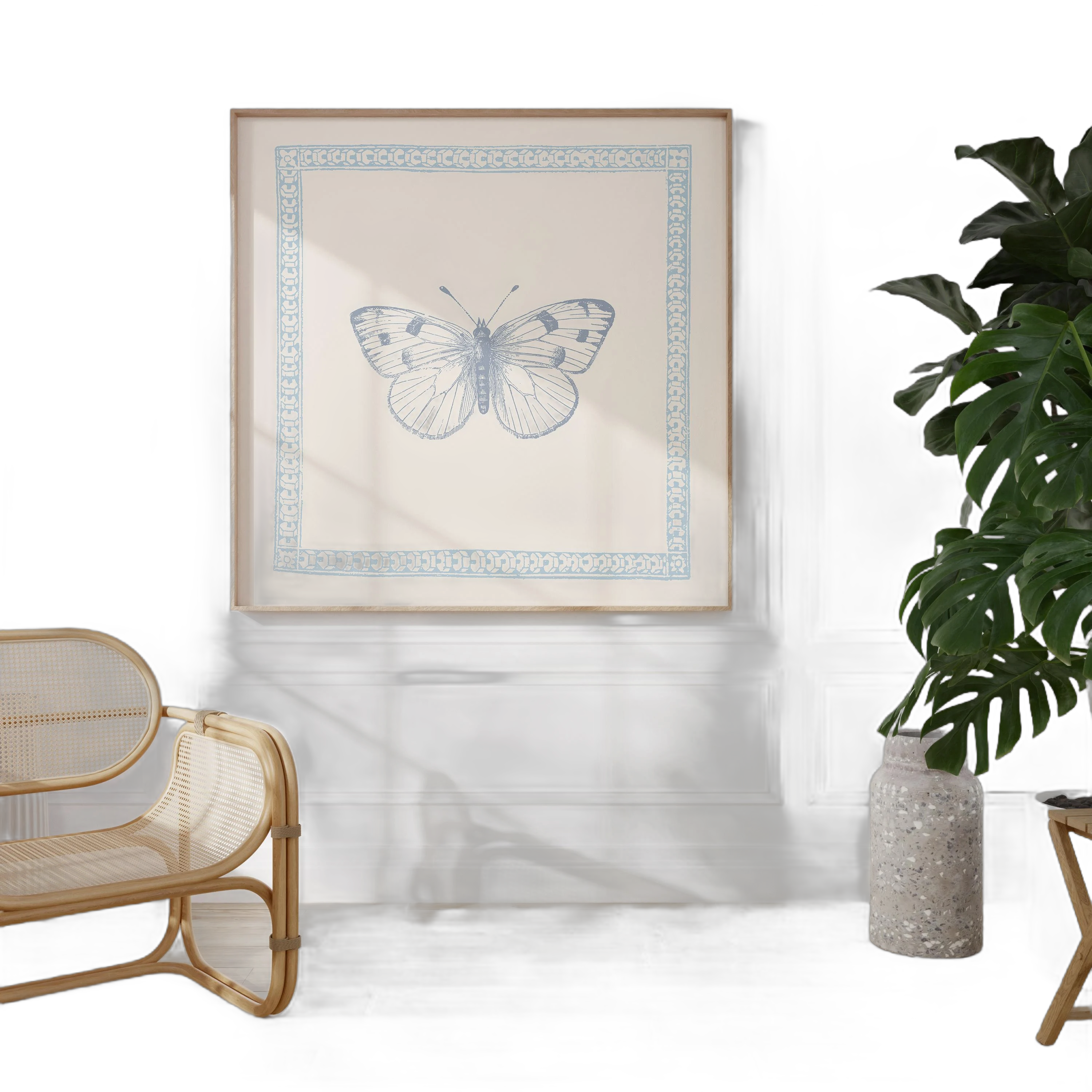 Baby Blue Minimalist Butterfly Print, Digital Downloadable Wall Art, Trendy Decor, illustration, Living Room Art, Nursery, Square Prints
