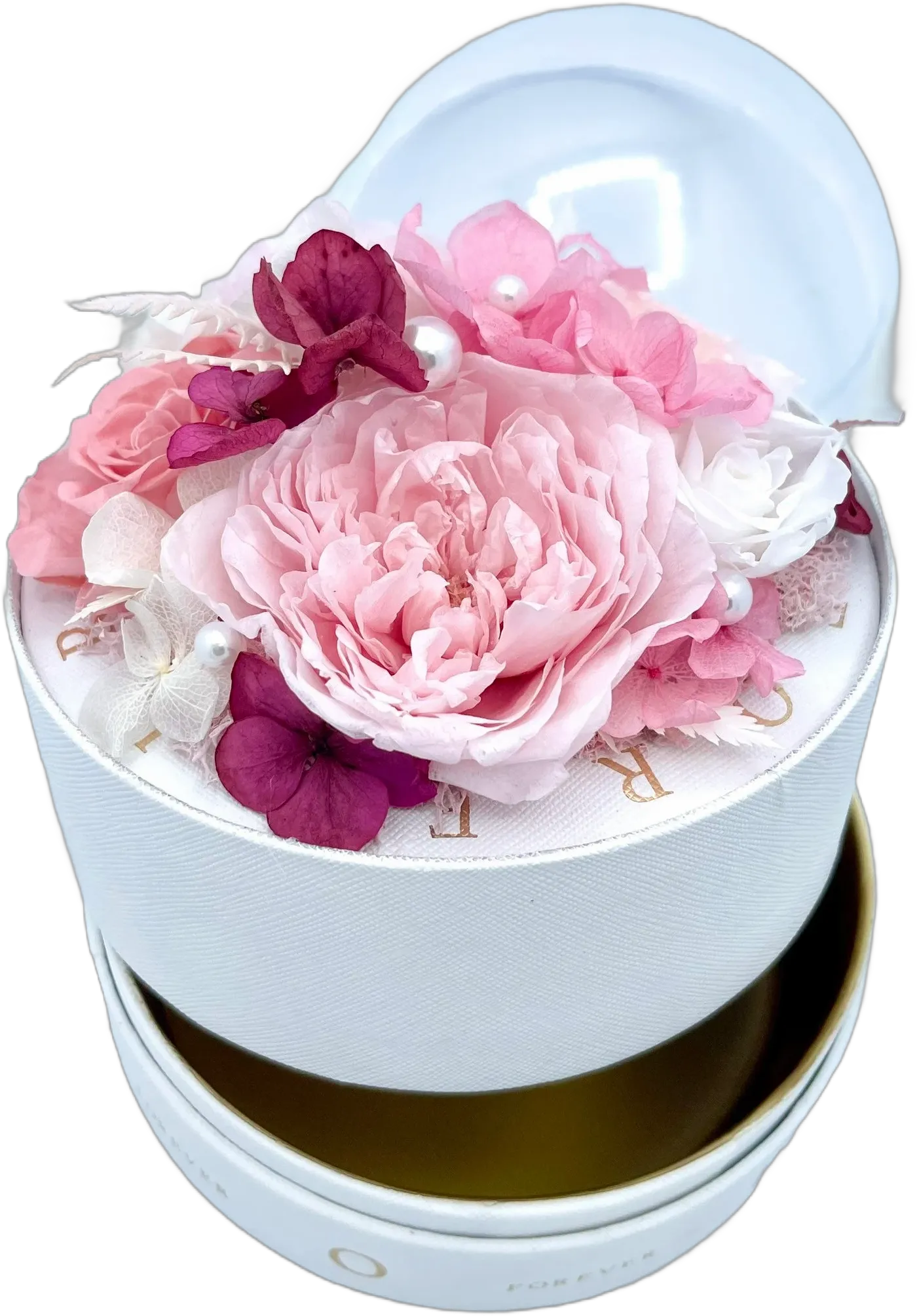 Round Clear dome preserved flowers gift box with bottom storage peonies roses hydrangeas Christmas birthday anniversary Mother’s Day gift.