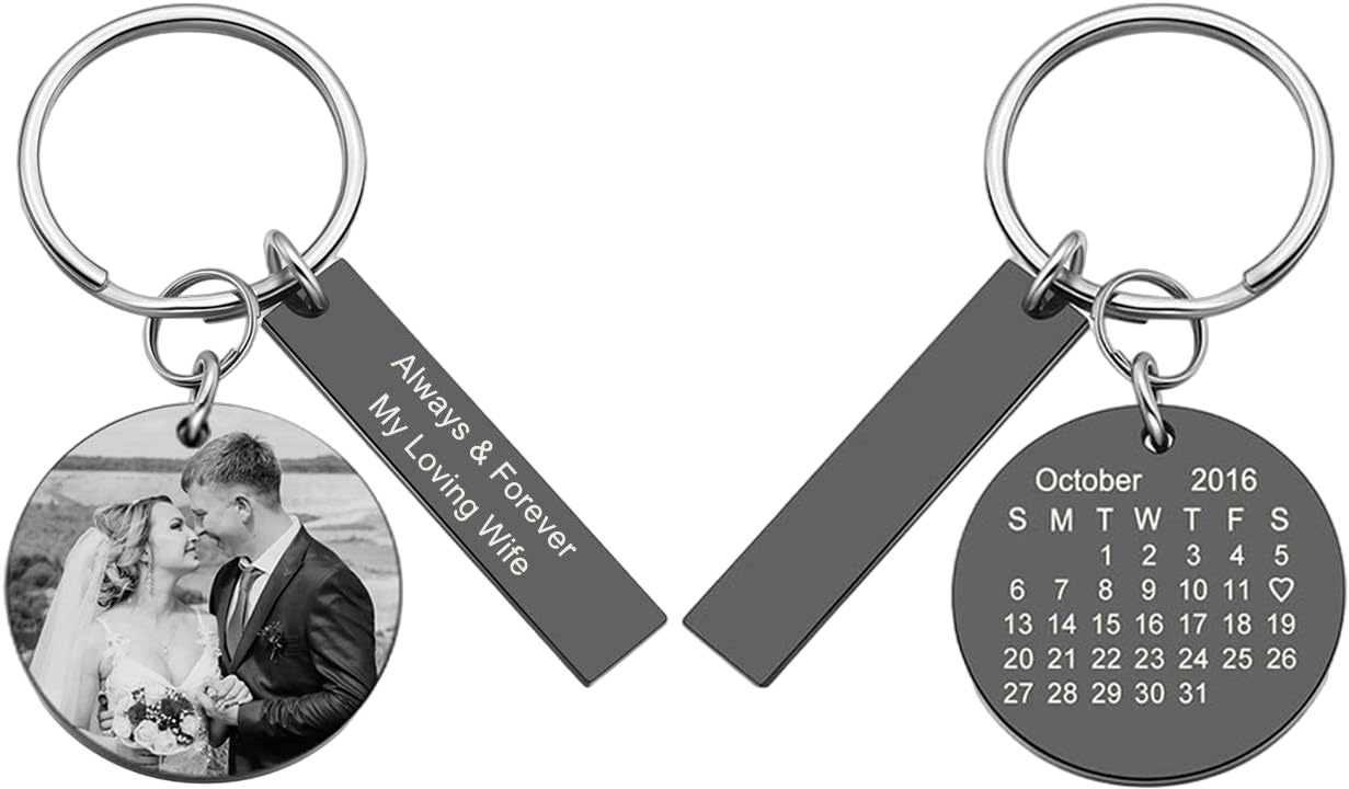 Personalized Custom Picture Keychain Photo & Special Date Calendar Keychain Stainless Steel Round Pendant Keyring Couple Gifts for Boyfriend Girlfriend Anniversary Birthday