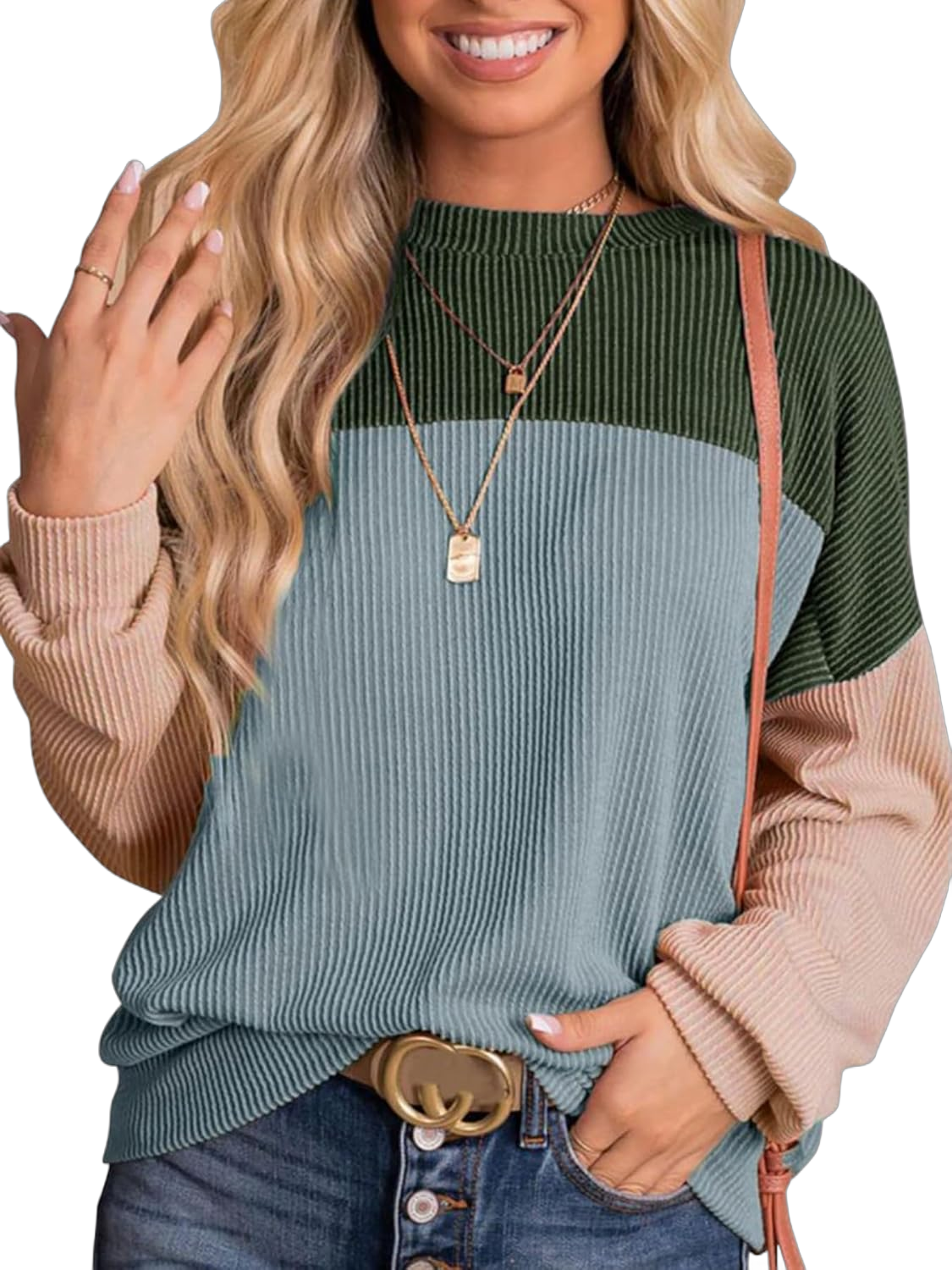 NEYOUQE Womens Long Sleeve Color Block Ribbed Knitted Crewneck Pullover T Shirts Loose Fitted Soft Stretchy Tops Dressy Casual Baggy Trendy tee Shirt Fall Spring Thin Tshirts Green Blue L