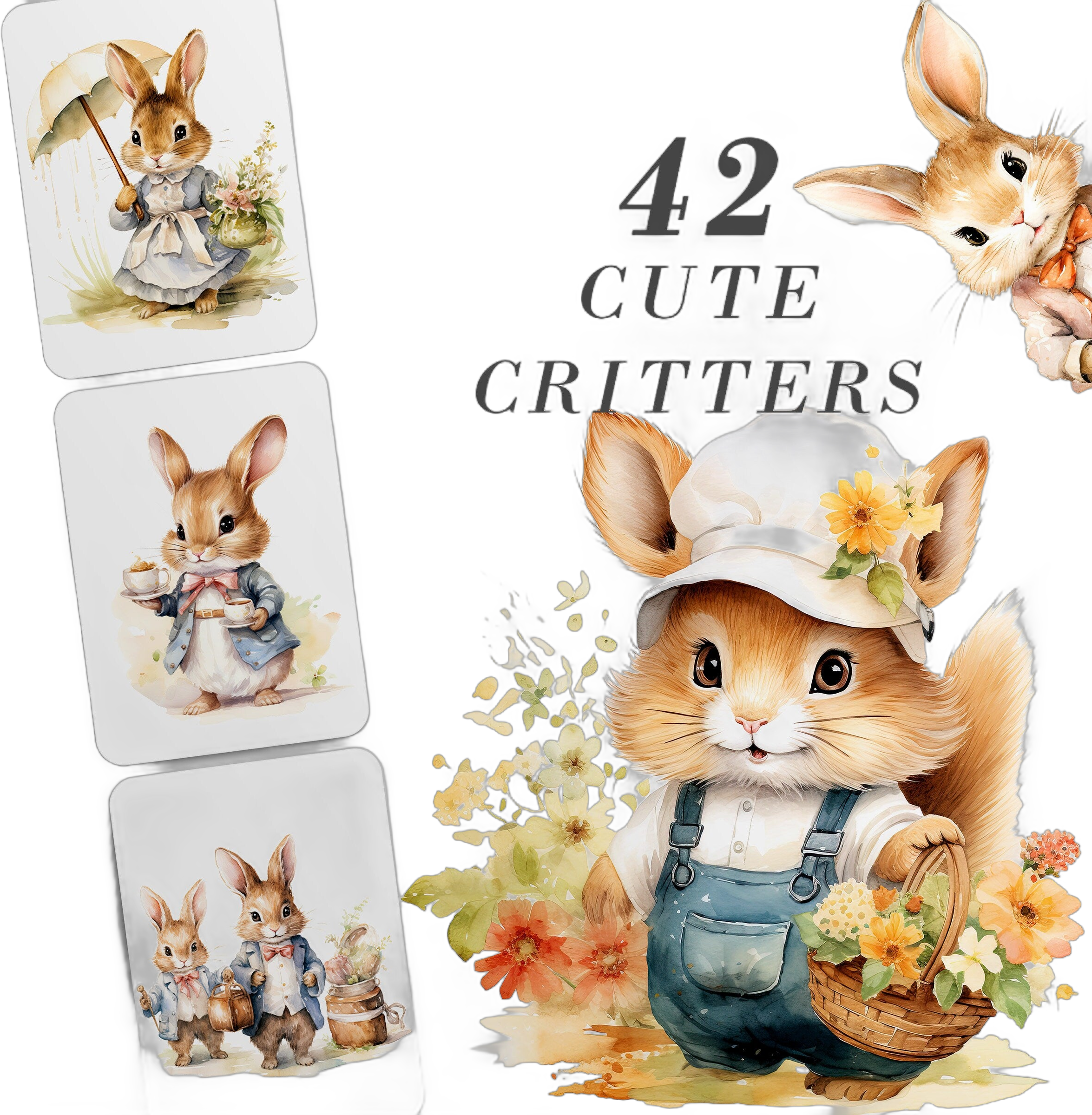 Cute Critters Clipart, Cute Bunnys PNG bundle, Baby Shower Art, Baby Animals, Animals in clothes SVG, Nursery clip Art, Watercolor drawings